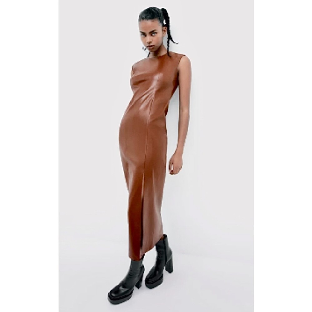 Zara Faux Leather Midi Dress, Saddle Brown, Sz M**